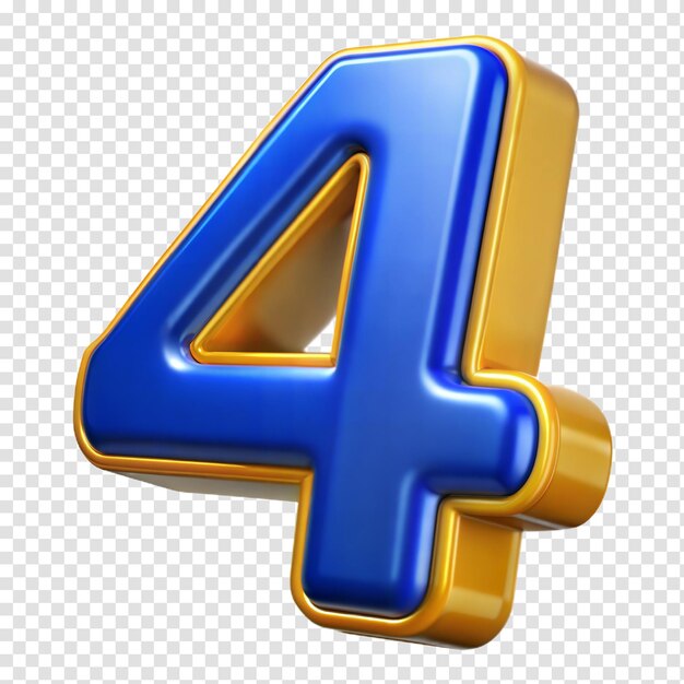 Rendering 3D isolato del numero quattro in blu e giallo con un effetto lucido
