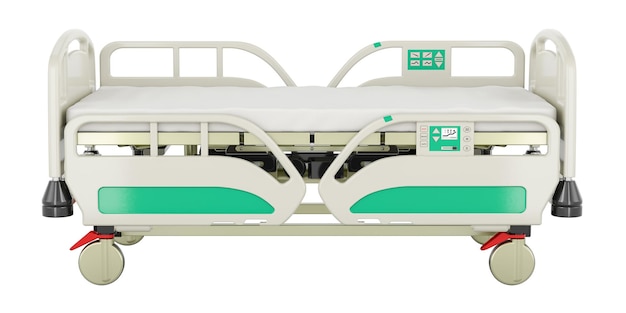 Rendering 3D isolato su sfondo trasparente di un letto d'ospedale regolabile elettricamente