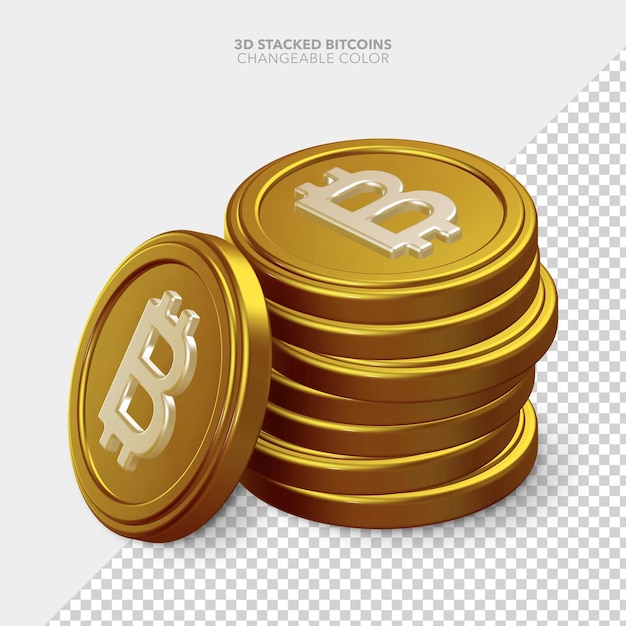 rendering 3d isometrico oro impilato criptovaluta bitcoin sfondo trasparente isolato png