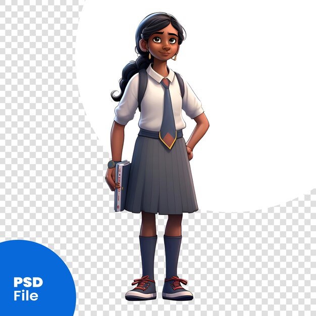 PSD rendering 3d d'une jeune écolière avec un sac à dos et un livre isolé sur fond blanc modèle psd