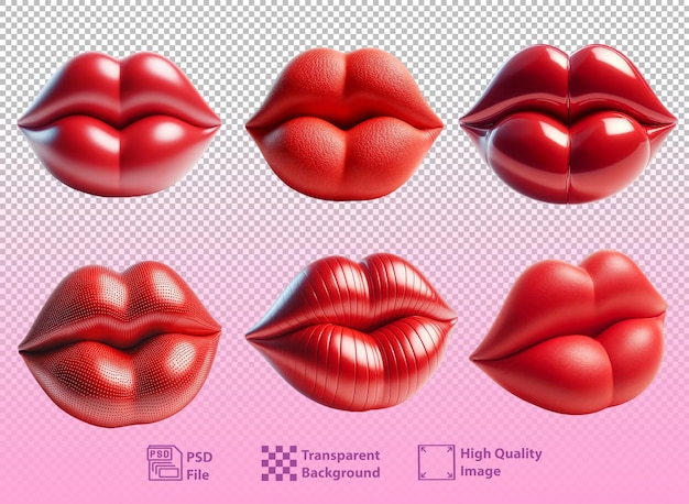 Rendering 3D Jour de la Saint-Valentin ensemble de lèvres rouges juteuses en forme de baiser faites dans différentes textures