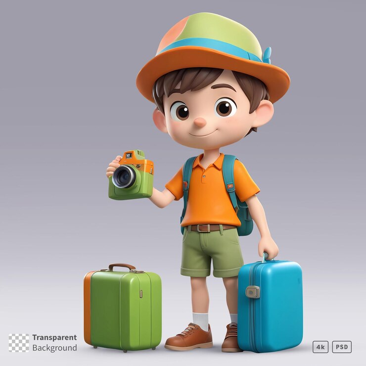 Rendering en 3D de un joven personaje de dibujos animados con una maleta