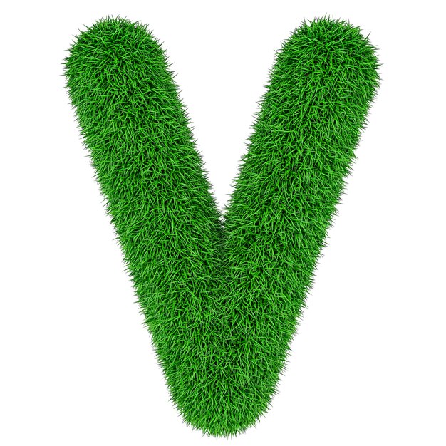 Rendering 3D de la letra de hierba verde V aislada sobre un fondo transparente