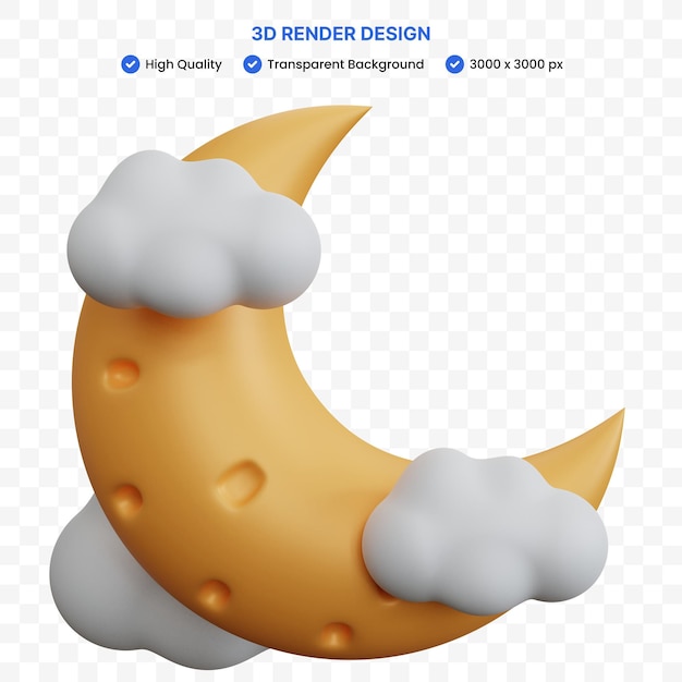 rendering 3d Luna crescente con alcune nuvole isolate
