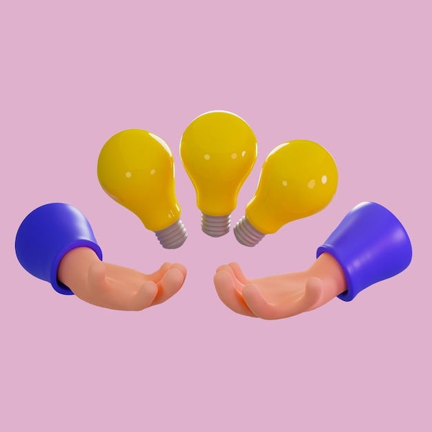 Rendering 3D Mani che tengono lampadine su sfondo rosa Concetto di idea creativa