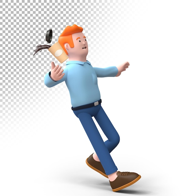 rendering 3d maschio adulto scivolato e versando il caffè mentre si cammina