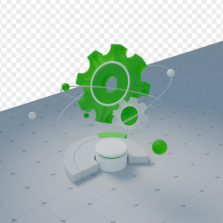 PSD rendering 3d d'un mécanisme d'engrenage vert futuriste avec des éléments orbitaux sur une surface carrelée