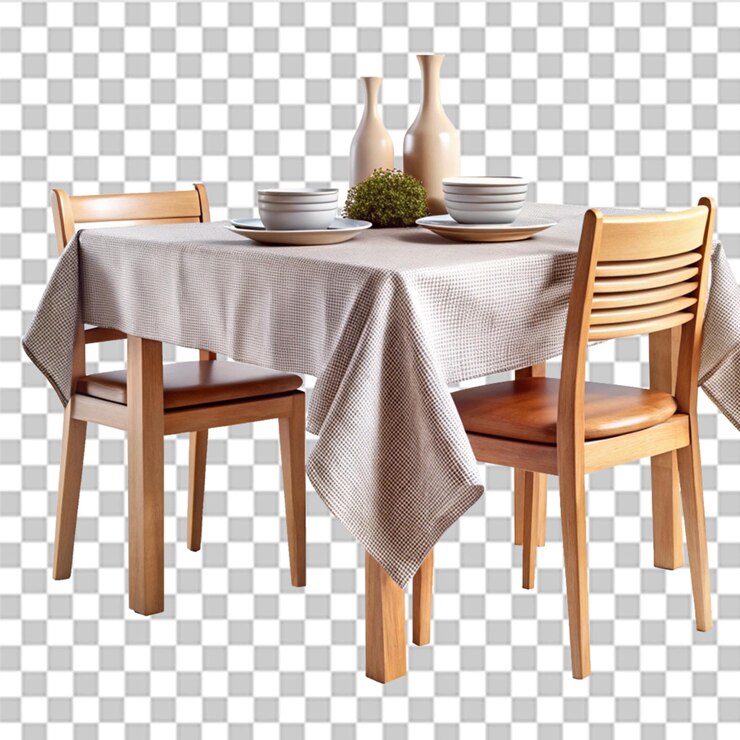 PSD rendering 3d de una mesa de comedor de madera con tela aislada sobre un fondo transparente