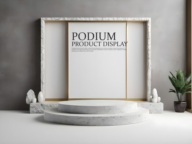 PSD rendering 3d mockup podium de piedra con marco y concepto natural blanco fondo abstracto