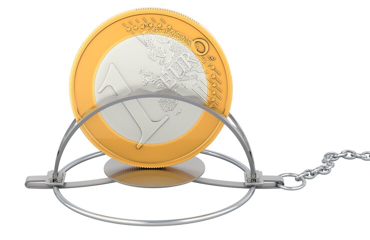 PSD rendering 3d de la moneda de euro en el interior de la trampa para osos aislada sobre un fondo transparente