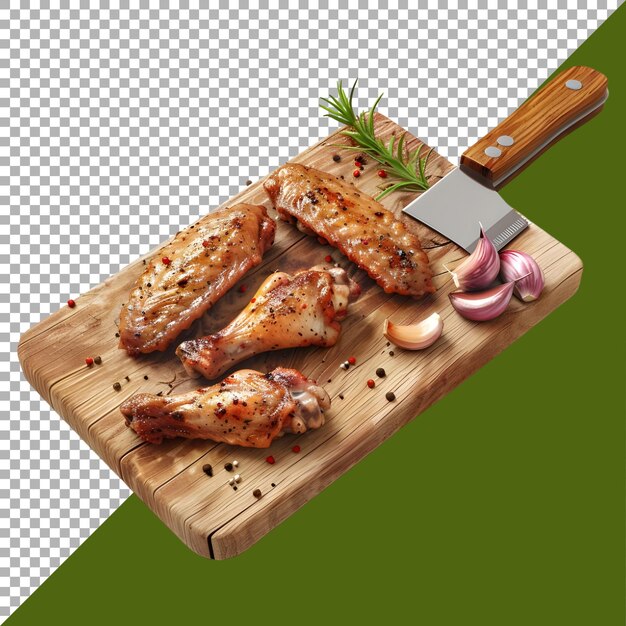 PSD rendering 3d d'un morceau de poulet sur une planche en bois sur un fond transparent