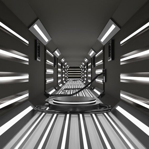 Rendering 3D nero astratto Incandescente Sci Fi Corridoio futuristico Design di alta qualità