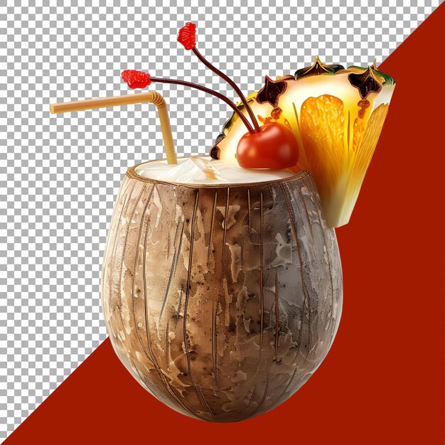 PSD rendering 3d d'une noix de coco avec de la paille sur un fond transparent