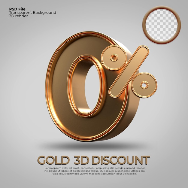 Rendering 3D numero 0 percentuale stile oro