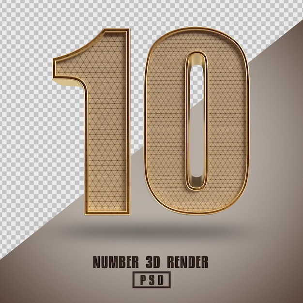 Rendering 3D numero 10 in legno e stile oro