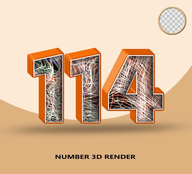 Rendering 3d numero 114 linea arancione lucida con linea d'onda astratta