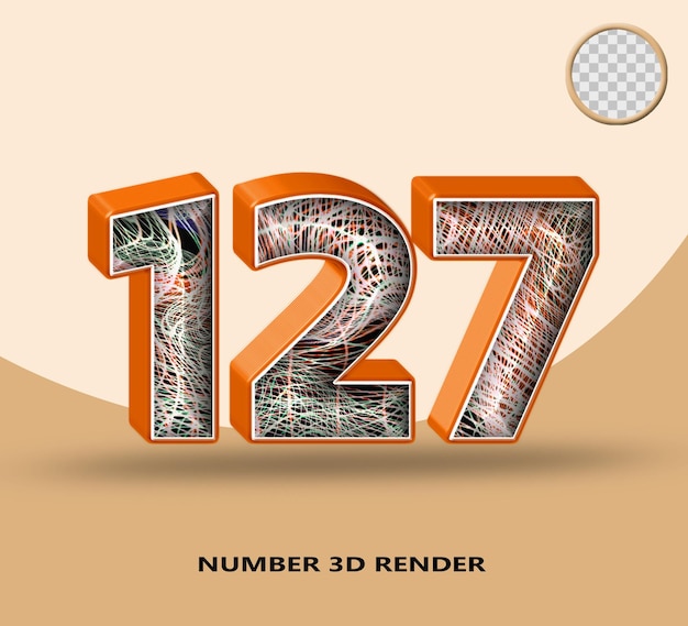 Rendering 3d numero 127 linea arancione lucida con linea d'onda astratta