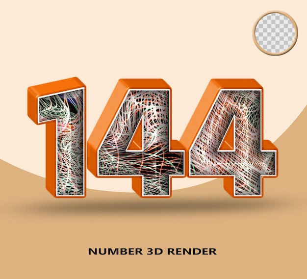 Rendering 3d numero 144 linea arancione lucida con linea d'onda astratta