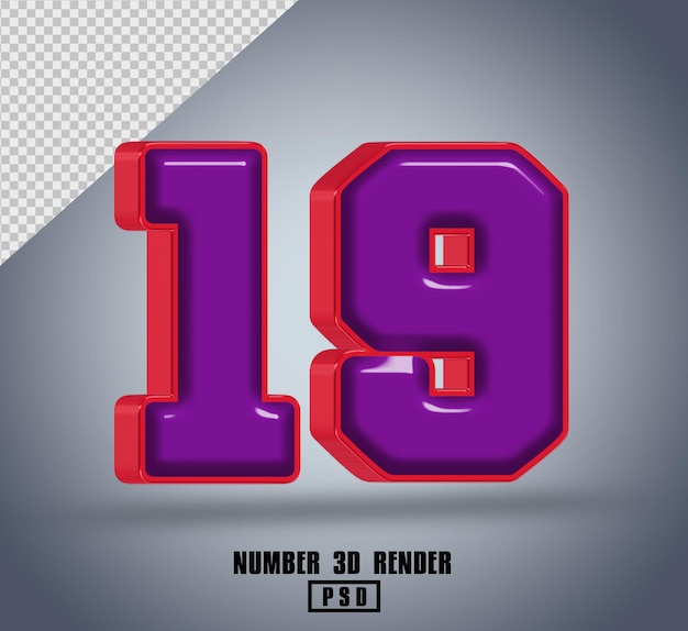 Rendering 3D numero 19 colore rosso viola lucido