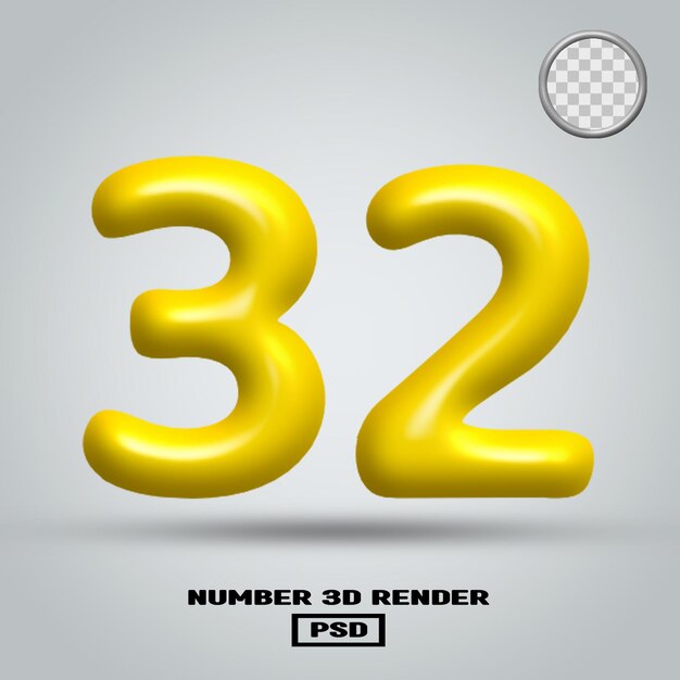 Rendering 3D numero 32 colore giallo lucido