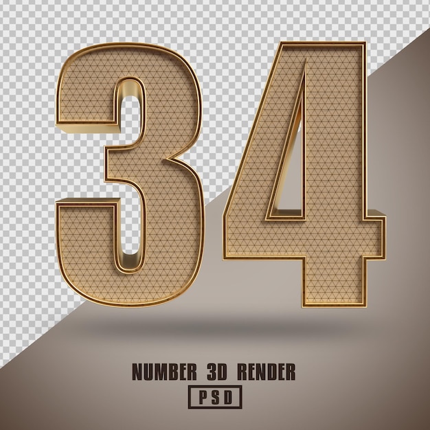 Rendering 3D numero 34 in legno e stile oro