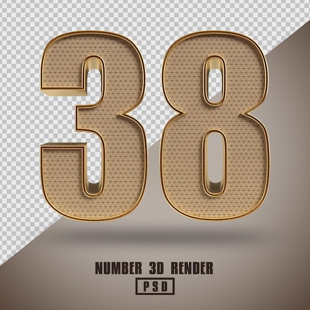 Rendering 3D numero 38 in legno e stile oro