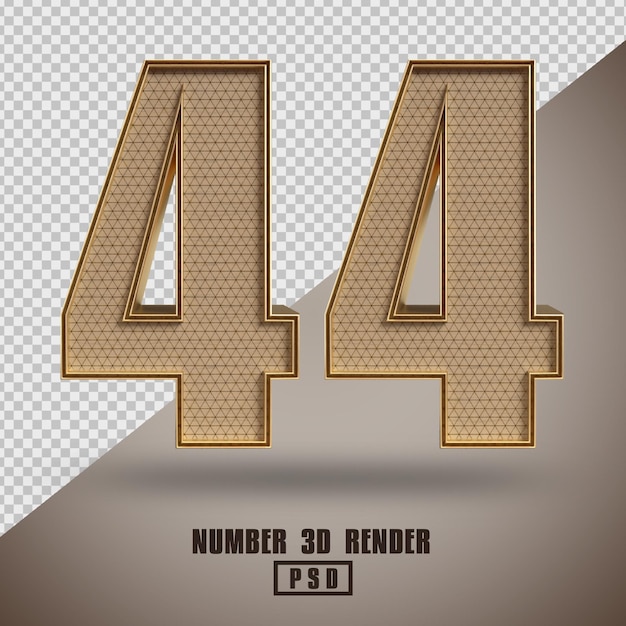 Rendering 3D numero 44 in legno e stile oro