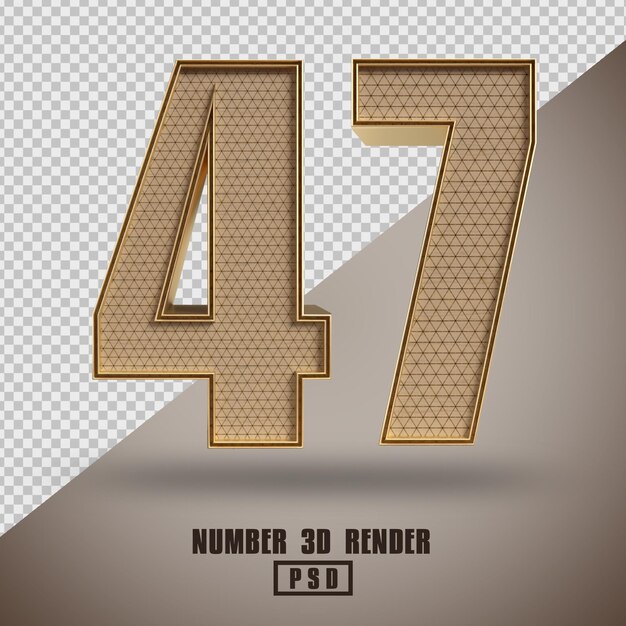 Rendering 3D numero 47 in legno e stile oro