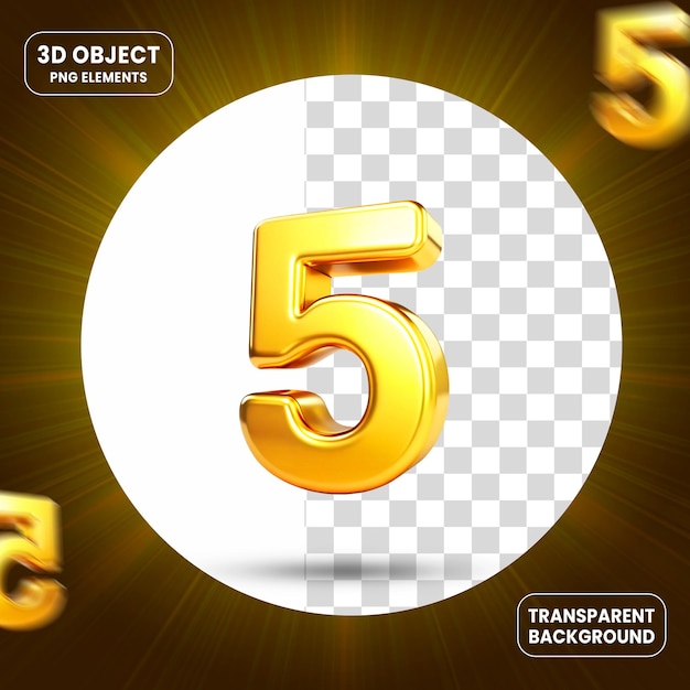 Rendering 3d número 5 icono aislado en fondo transparente