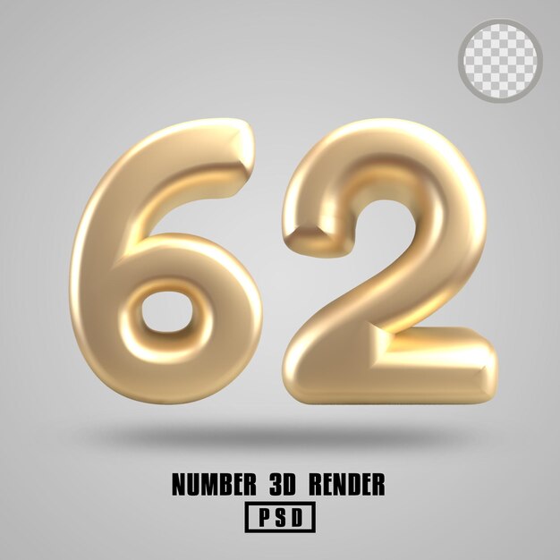 Rendering 3D numero 62 in stile oro