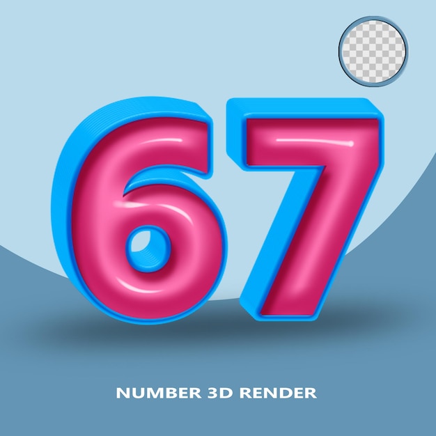 Rendering 3D numero 67 colore blu rosa lucido