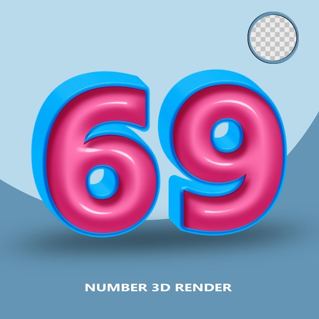 Rendering 3D numero 69 colore blu rosa lucido