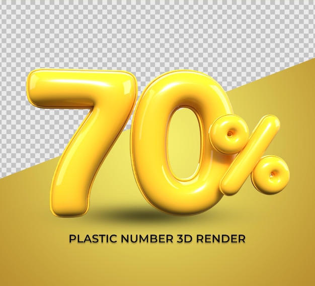 Rendering 3D numero 70% plastica gialla per sconto vendita, progresso