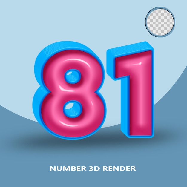 Rendering 3D numero 81 colore blu rosa lucido