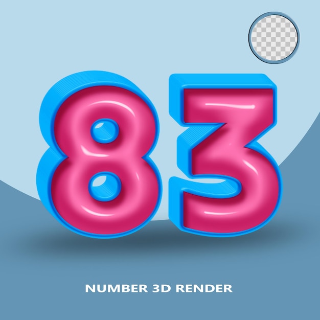 Rendering 3D numero 83 colore blu rosa lucido