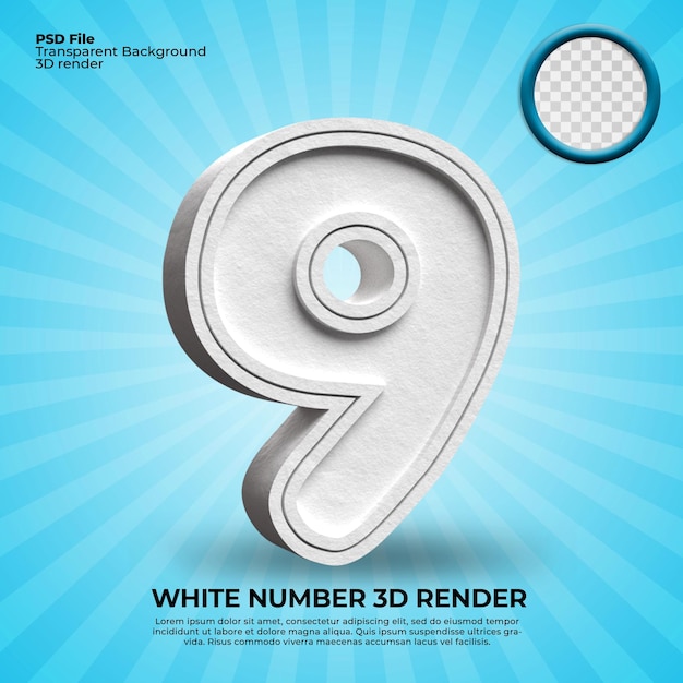 Rendering 3D numero 9 carta texture colore bianco