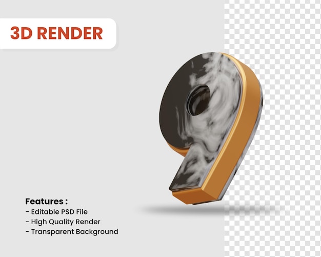 Rendering 3d numero 9 isolato con texture marmo bianco nero