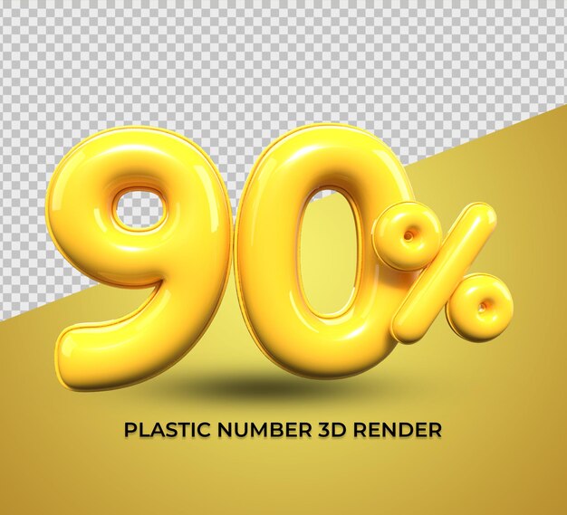 Rendering 3D numero 90% plastica gialla per sconto vendita, progresso