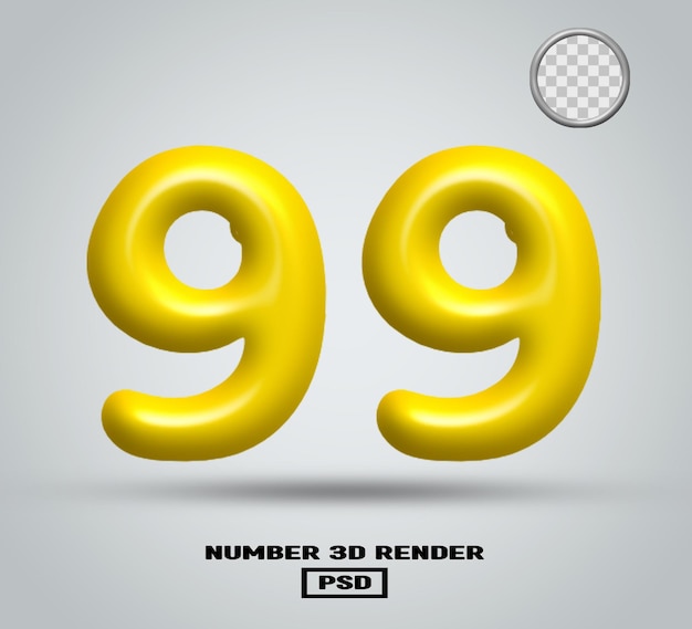 Rendering 3D numero 99 colore giallo lucido