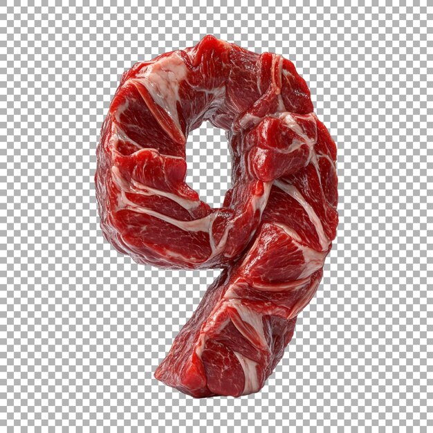 Rendering 3D d'un numéro d'alphabet 9 fait avec de la viande crue sur un fond transparent