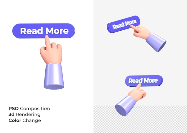 Rendering 3D per saperne di più pulsante cta con il concetto di mano