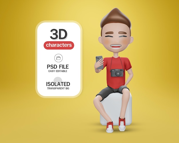 rendering 3d Personaggio dei cartoni animati in camicia rossa e pantaloni neri seduto su una sedia