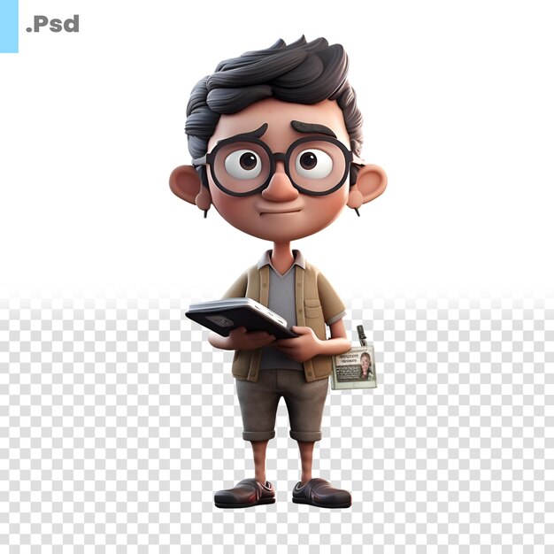 PSD rendering 3d d'un petit garçon avec un modèle psd de livre et de crayon