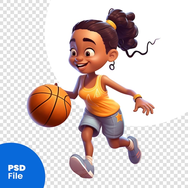 PSD rendering 3d d'une petite fille afro-américaine qui court avec un modèle psd de balle de basket