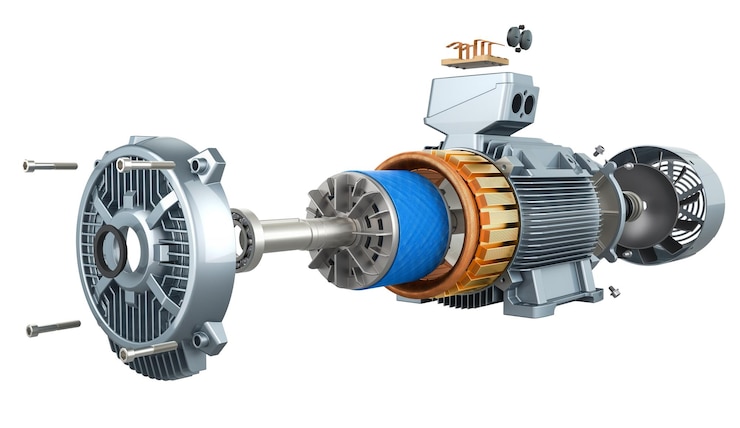 PSD rendering 3d des pièces et de la structure du moteur électrique isolé sur un fond transparent