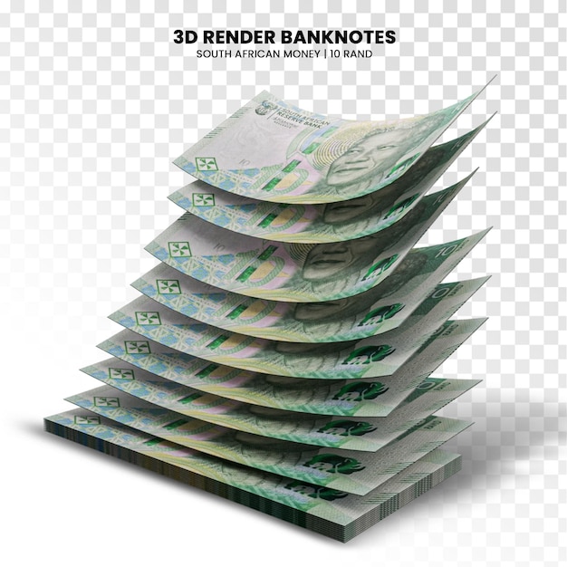 PSD rendering 3d de piles de billets de banque sud-africains de 10 rand