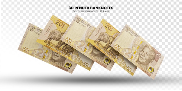 PSD rendering 3d de piles de billets de banque sud-africains de 20 rand