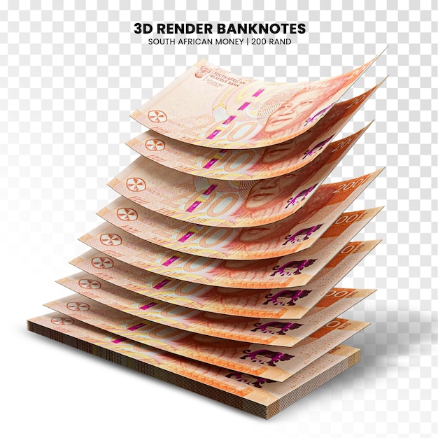 PSD rendering 3d de piles de billets de banque sud-africains de 200 rand