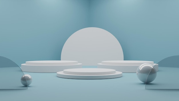 Rendering 3D podio bianco minimalista su sfondo blu