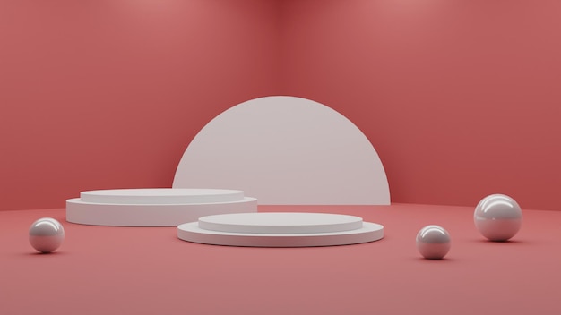 Rendering 3D podio bianco minimalista su sfondo rosso